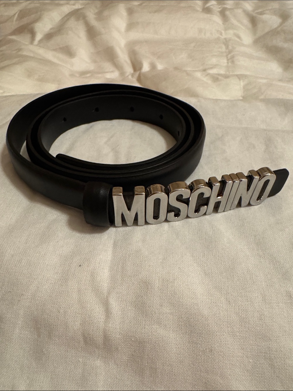 Moschino Black Leather Belt with Silver Logo Buckle